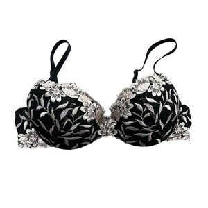 Wonderbra Push Up Elegant Black Cream Floral Lace Bra Size 34B Excellent Cond